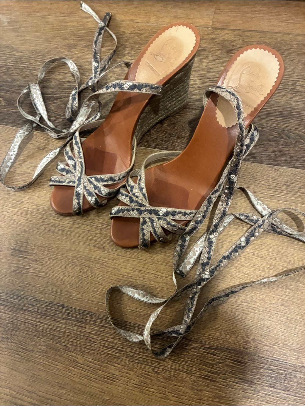 Christian Louboutin Brown Snake-Print Wedge Sandals with Wrap Laces